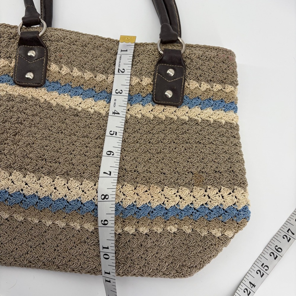 Crocheted Striped Tote Bag Brown Tan Blue Faux Leather Handles - Picture 8 of 8